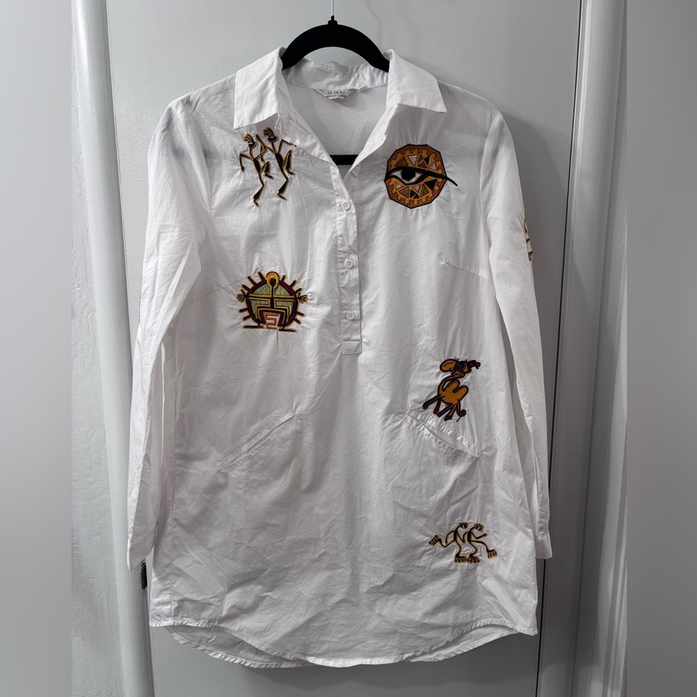 Embroidered Egyptian Patch Button White Blouse - image 2
